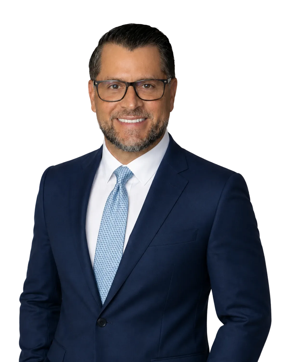 Jonas Weatherbie, estate planning attorney, in a navy suit and light blue tie.